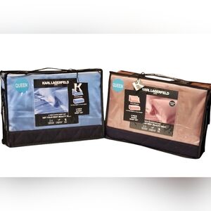 NWT Karl Lagerfeld  Luxury Bedding Set  Satin Queen 4PC Sheet Set Blue/Pink